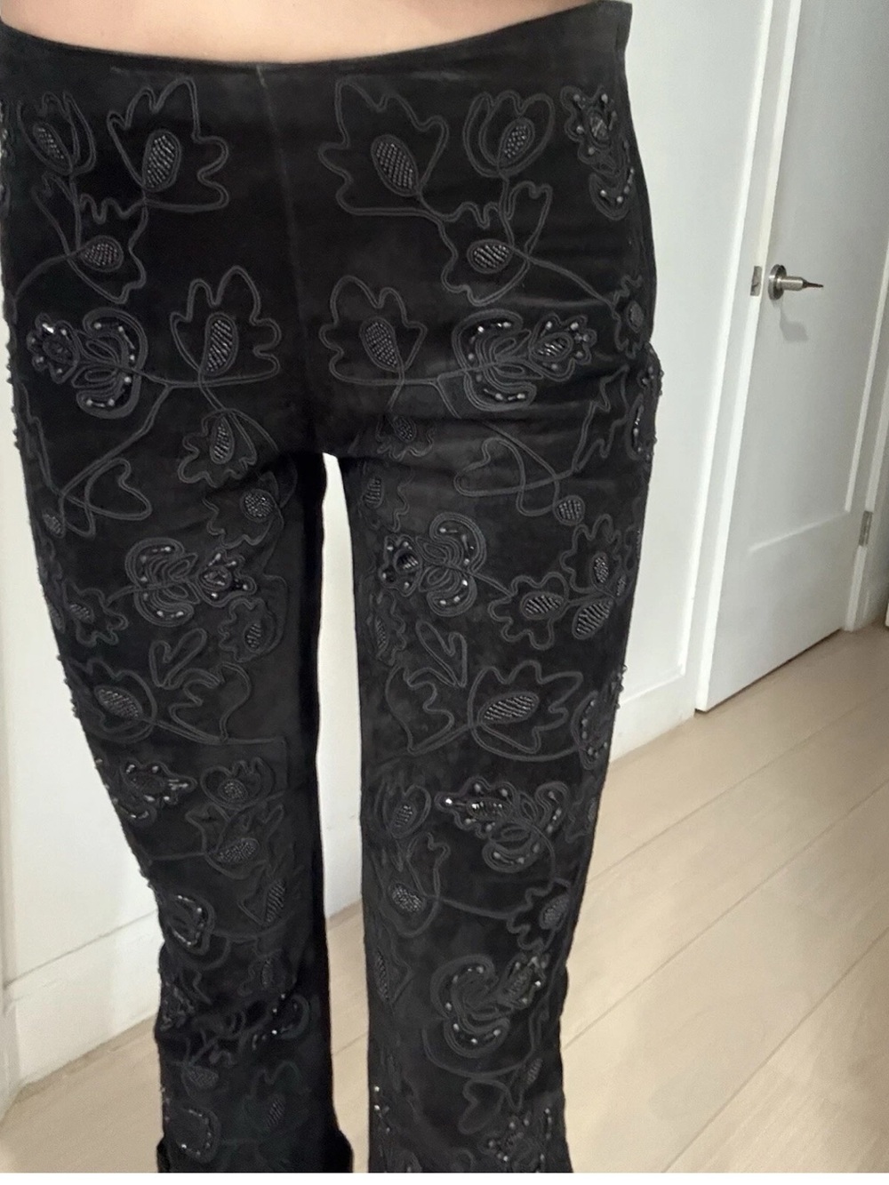 Bebe black vintage suede embellished low rise bootcut flare pants
